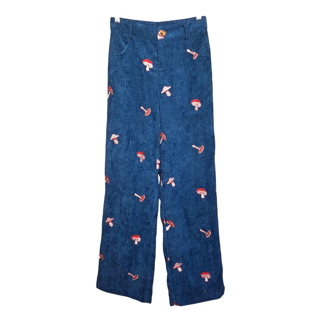 Cider NWT Corduroy high rise wide leg embroidered mushroom pants XS teal whimsy